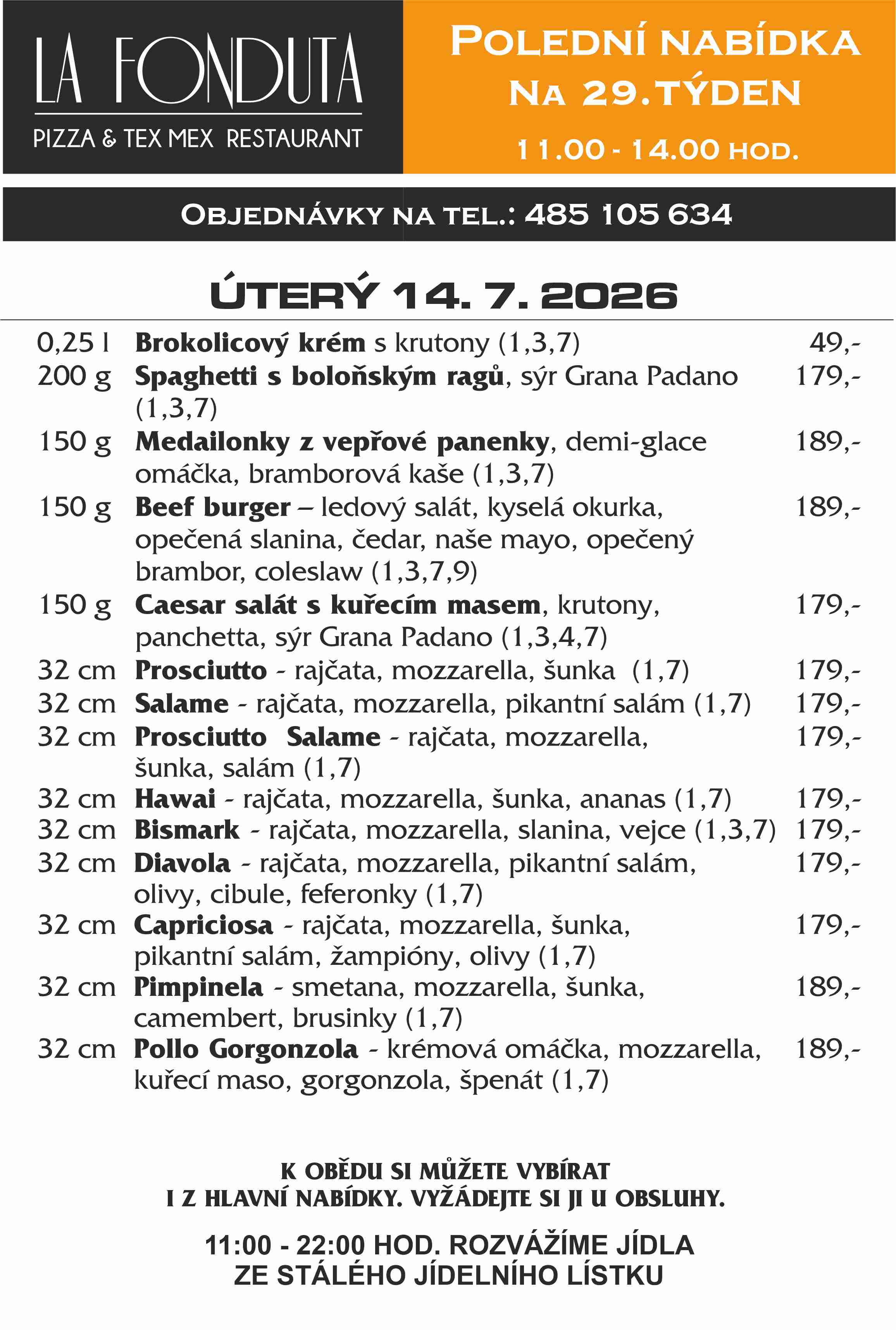 Aktuální polední menu La Fonduta